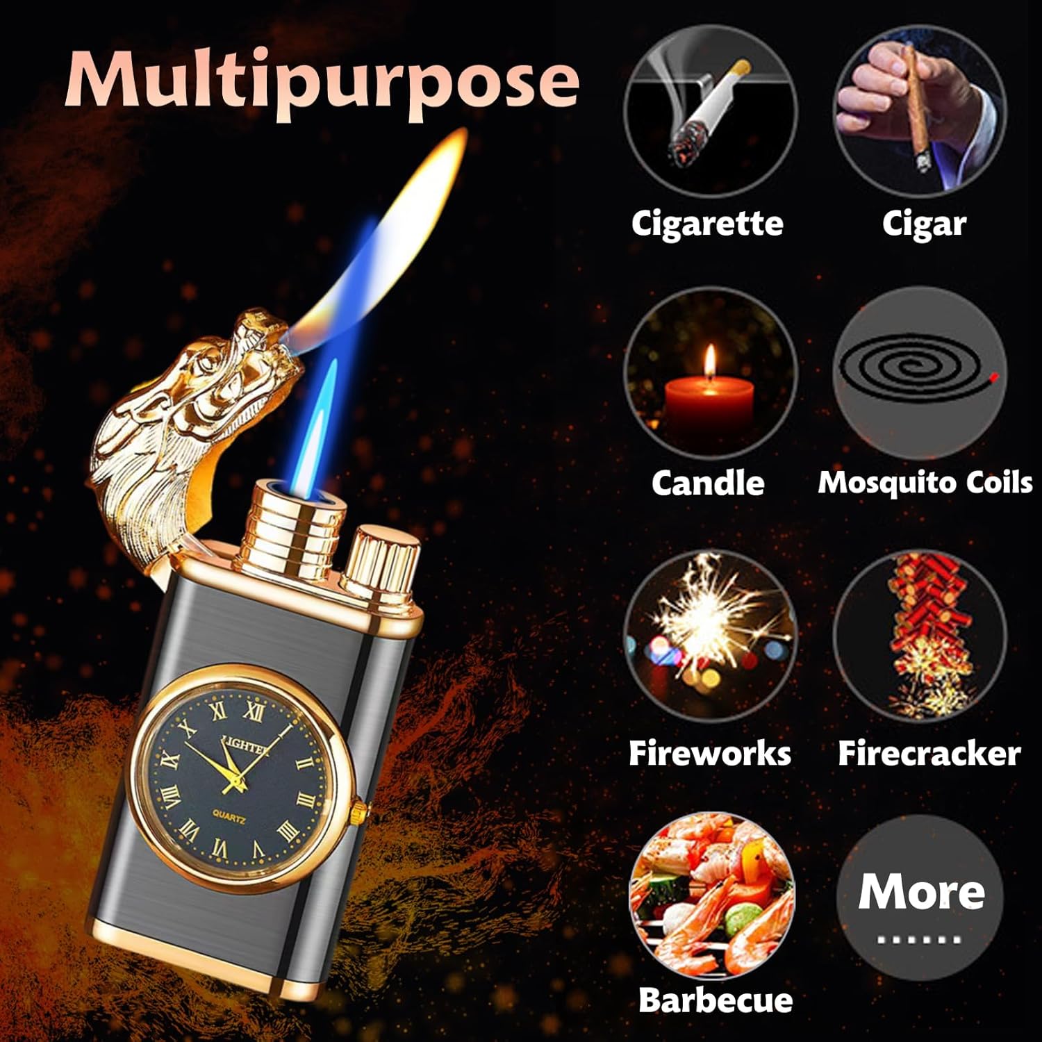 InfernoX: Windproof Dual Flame Dragon Lighter with Watch