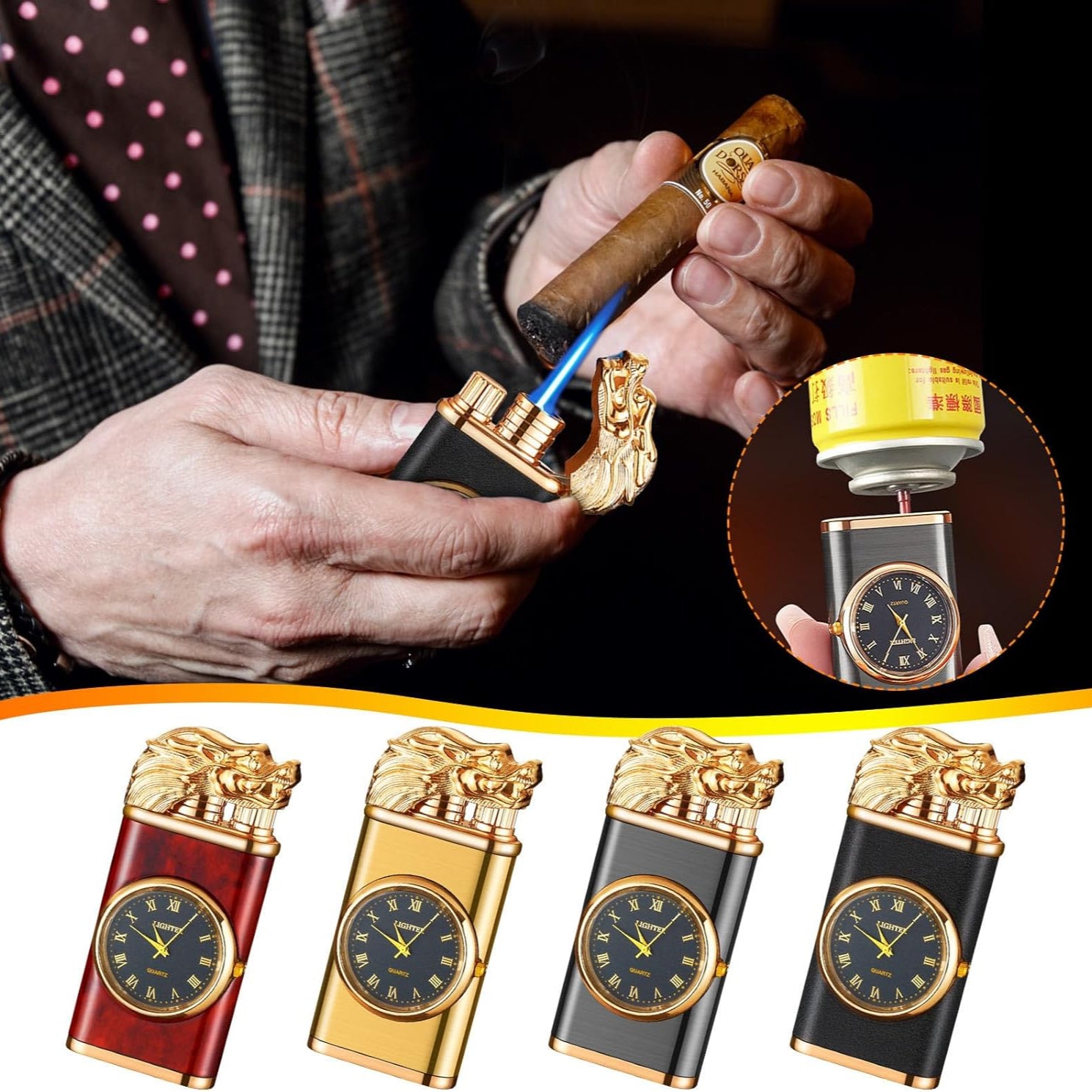 InfernoX: Windproof Dual Flame Dragon Lighter with Watch